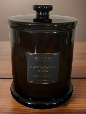 BELLEVUE COAST REDWOOD AND FOG LUXURY SOY BLEND CANDLE IN COVERED GLASS JAR